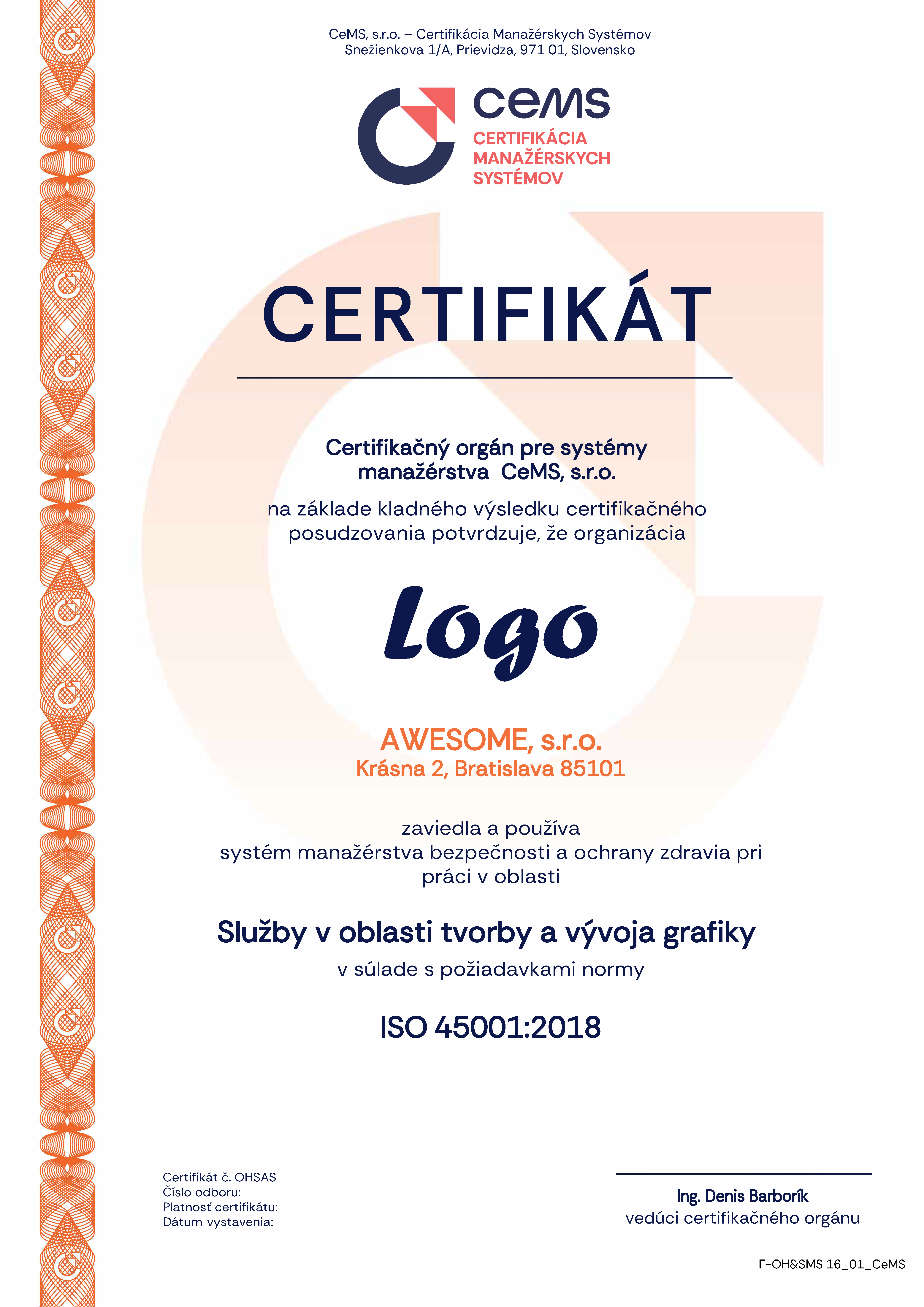 vzor certifikátu ISO 45001 od CeMS